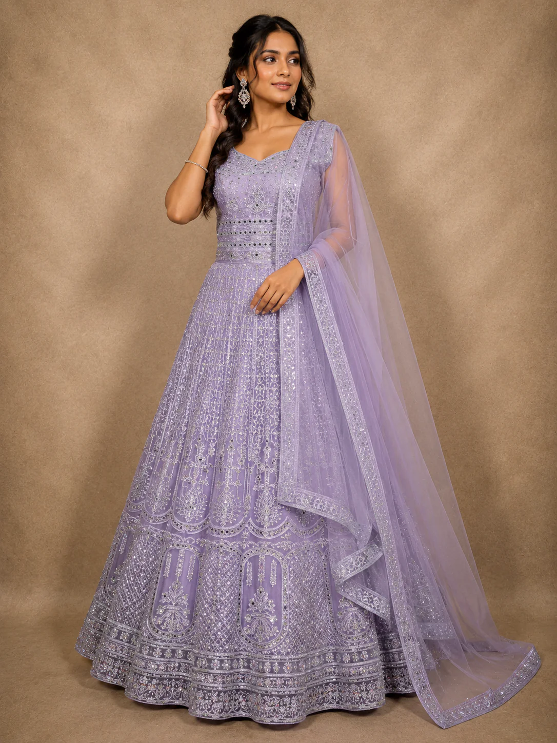 Soft Pastel Lavender Lilac Floral Thread and Mirror Embroidered Design Net Anarkali Gown with Dupatta